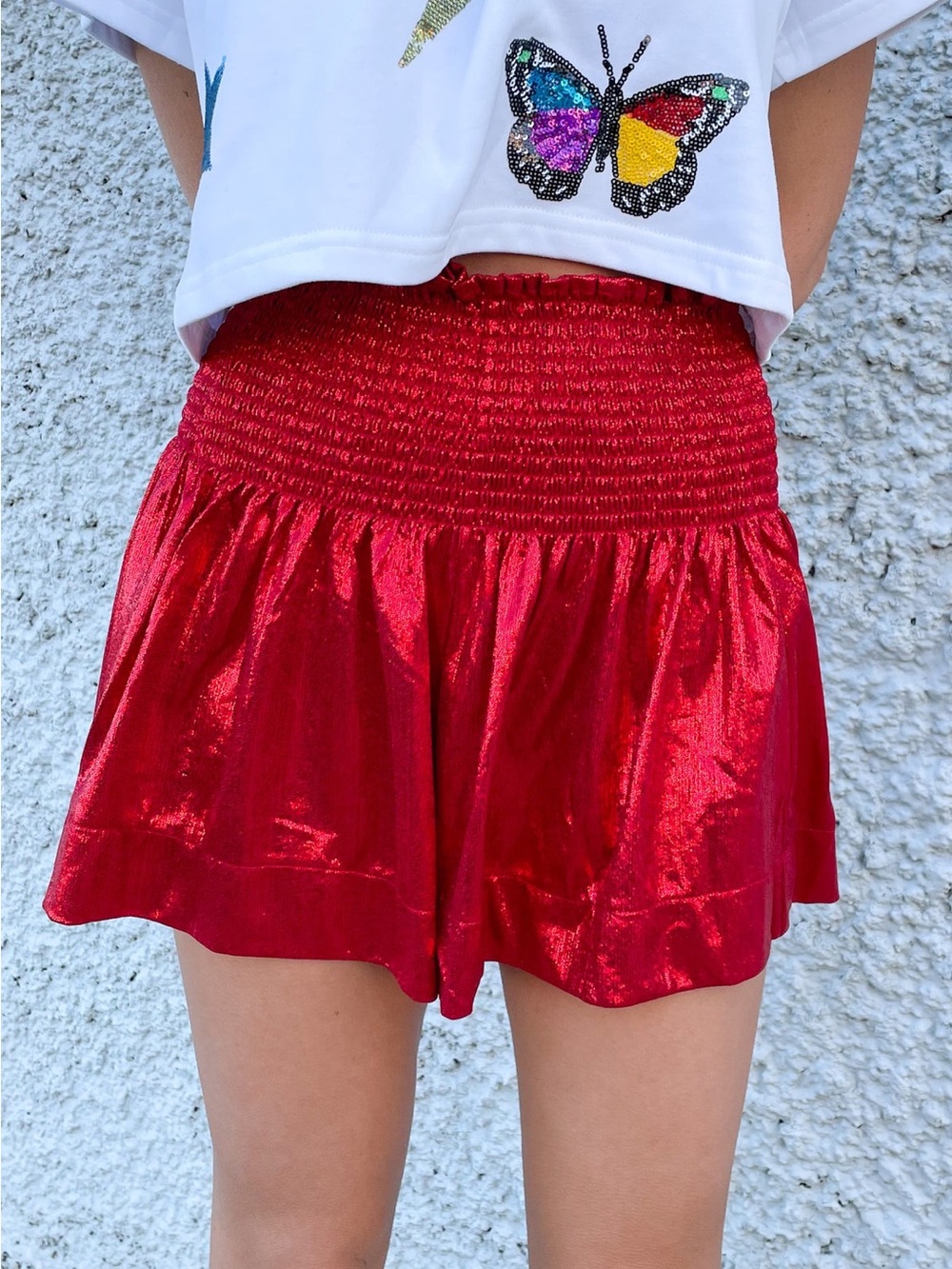 New! QUEEN OF SPARKLES Shimmery Red High-Waist Smocked Shorts ❤️ Small